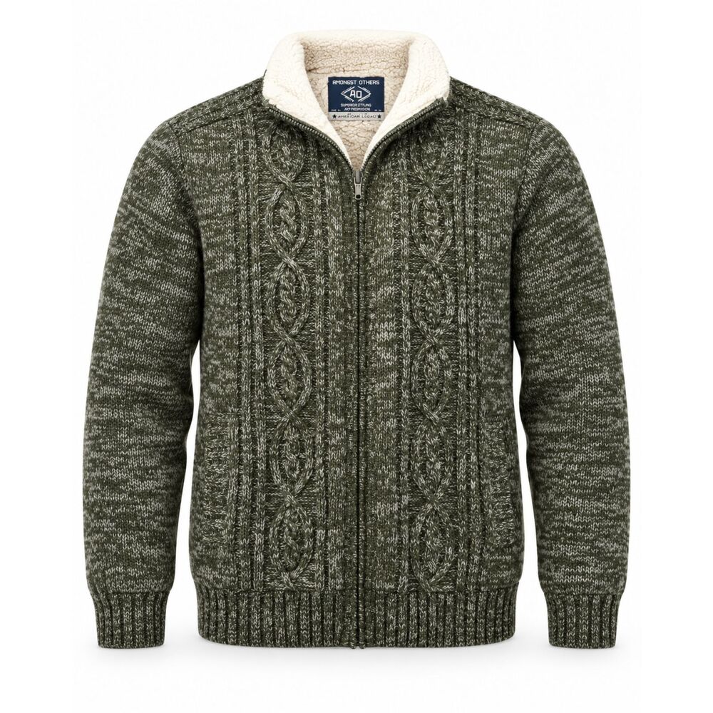 Amongst Others Men’s XL Olive Green Cable Knit Full Zip Sherpa Lined Sweater